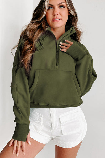 Cali Chic Green Zip Up Stand Collar Ribbed Thumbhole Sleeve Sweatshirt