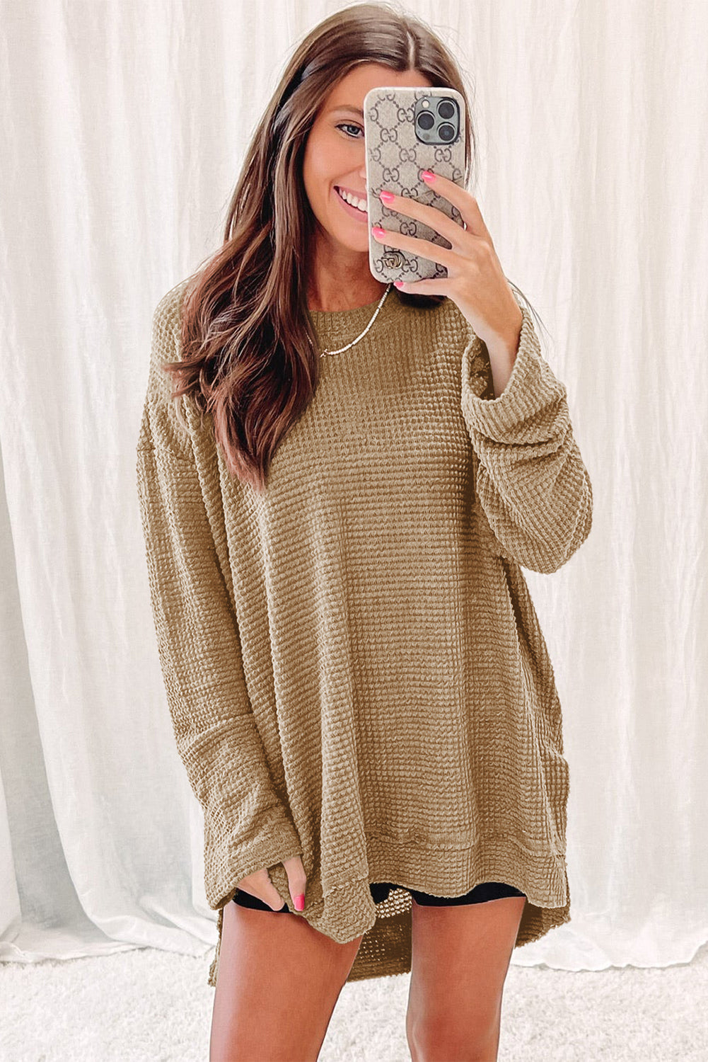 Cali Chic Women Khaki Waffle Knit High Slits Oversized Tops