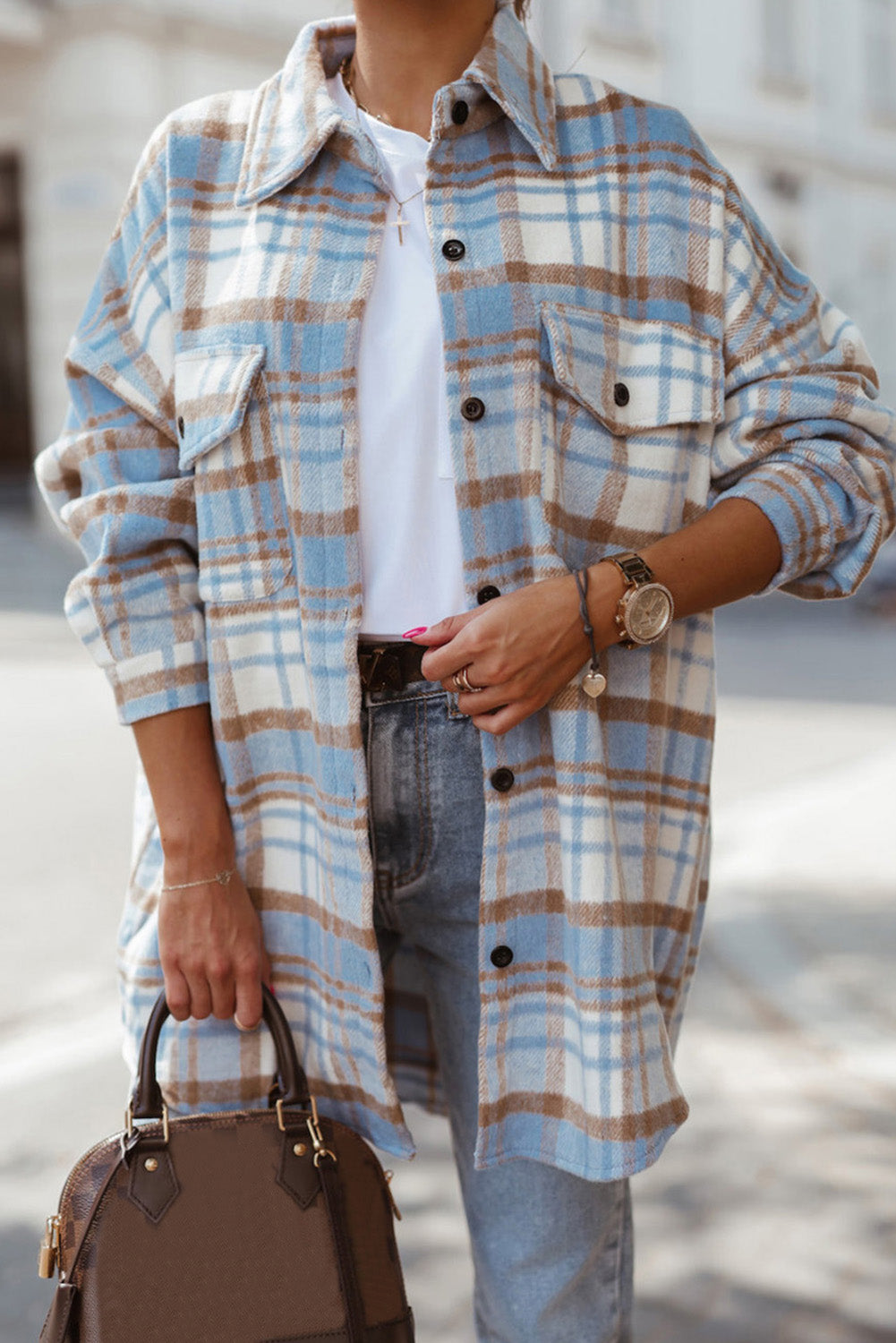 Cali Chic Sky Blue Plaid Flap Pocket Long Sleeve Shacket