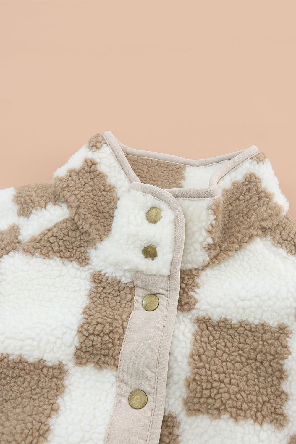 Cali Chic Brown Checked Snap Button Sherpa Jacket