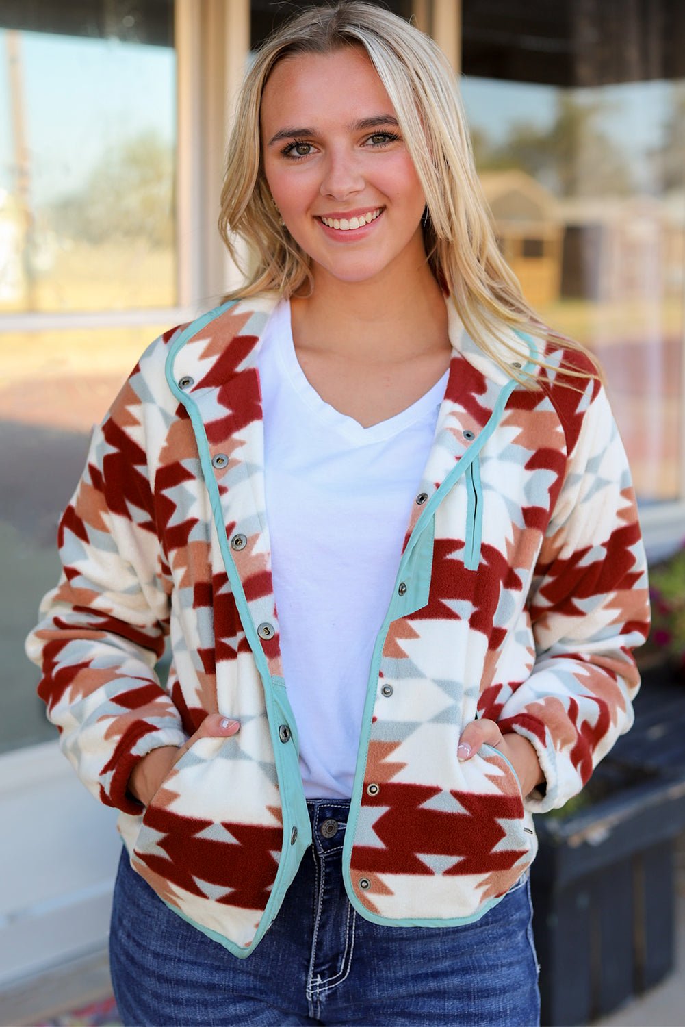 Cali Chic Red Western Aztec Buttoned Zipper Pockets Fleece Jacket