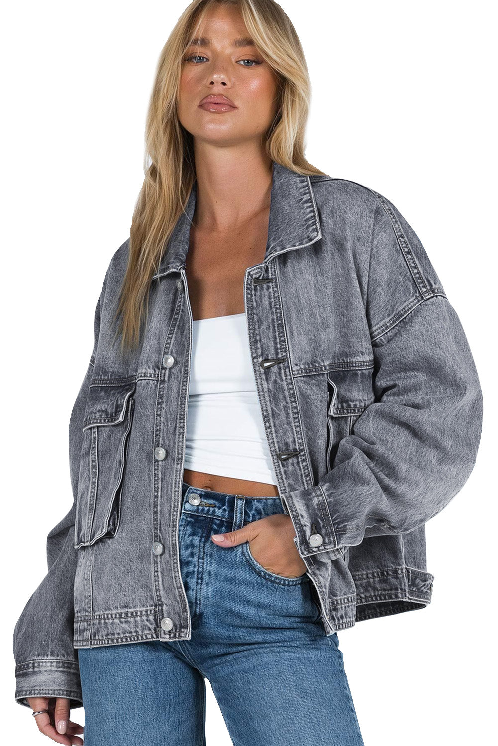 Gray Chest Pockets Drop Shoulder Loose Denim Jacket