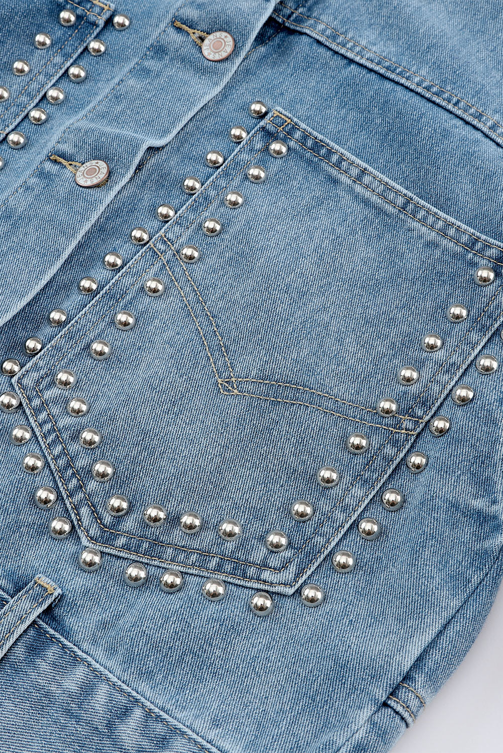 Cali Chic Sky Blue Rivet Studded Pocketed Denim Jacket