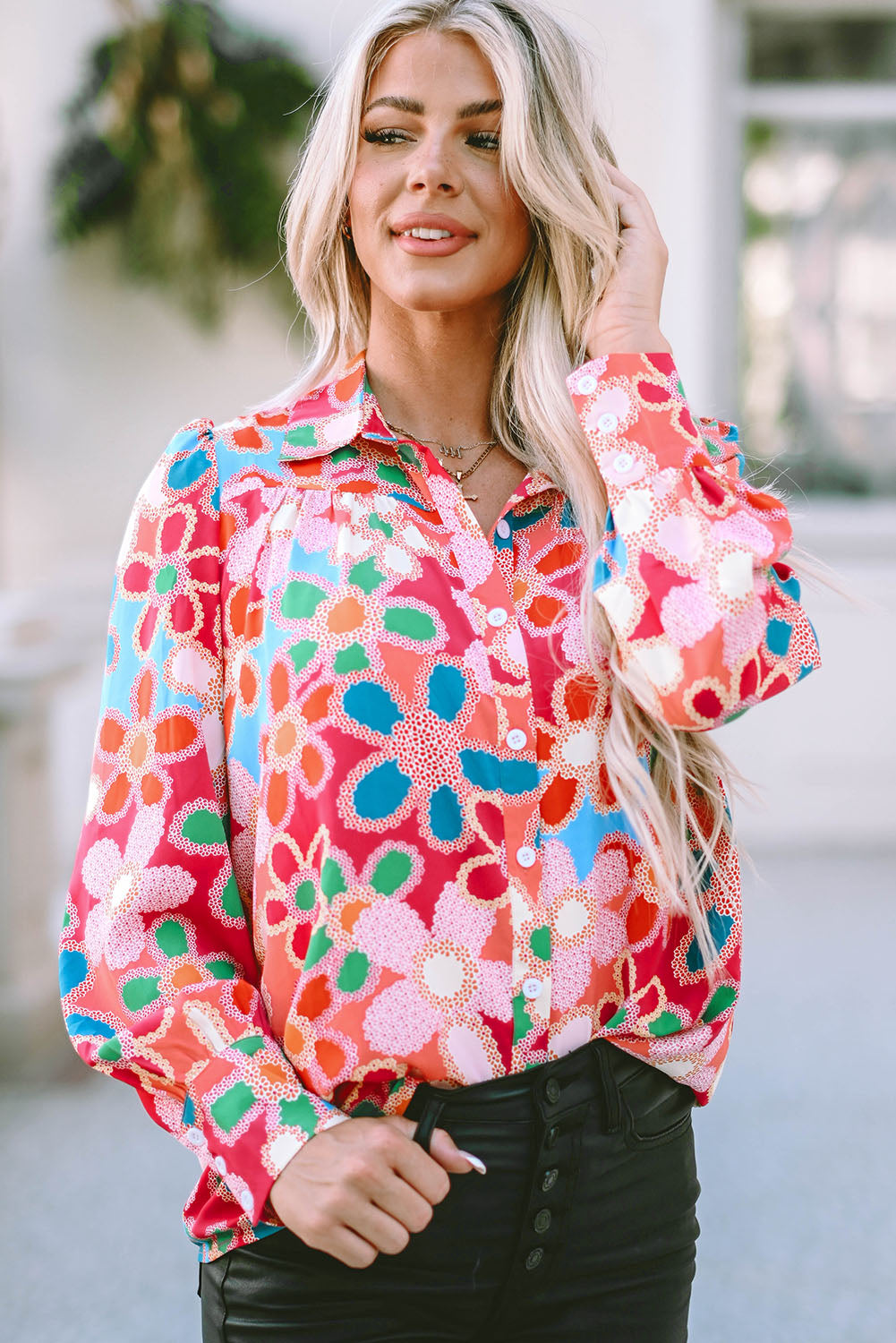 Multicolor Floral Print Bubble Sleeve Shirt