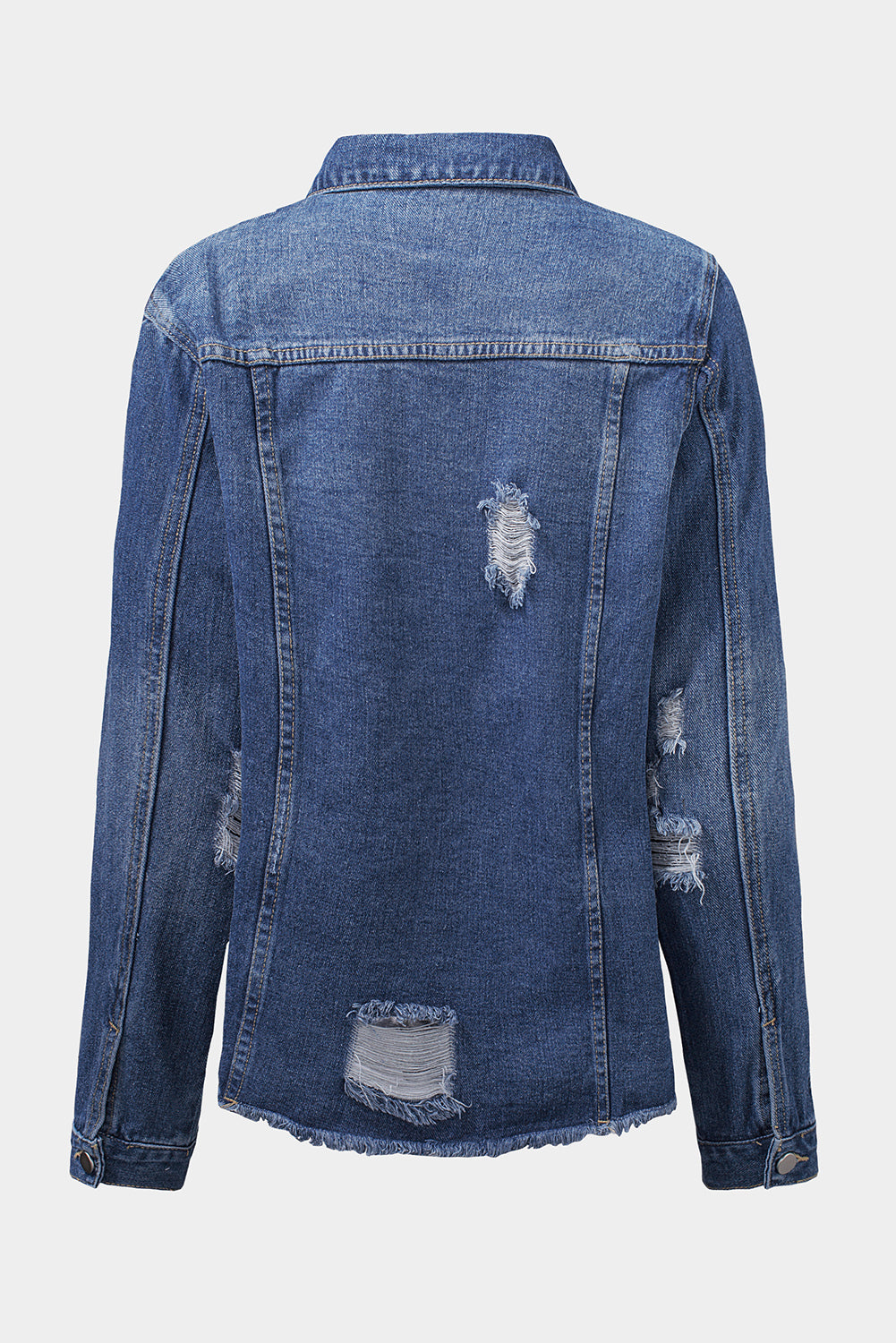 Cali Chic Blue Lapel Distressed Raw Hem Buttons Denim Jacket