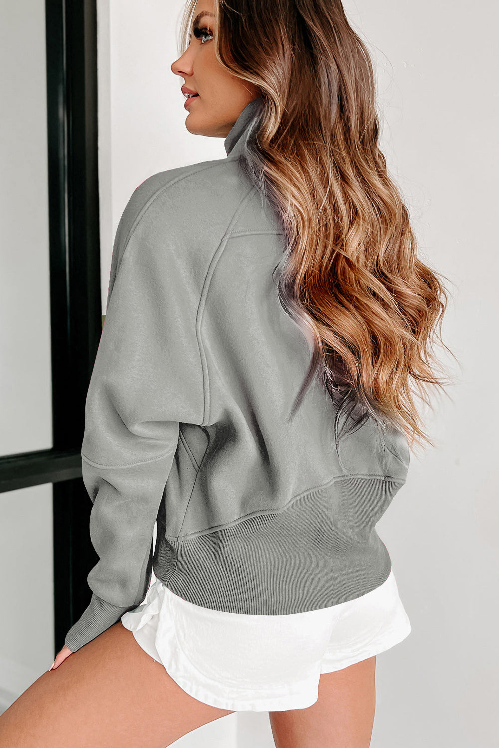 Cali Chic Gray Zip Up Stand Collar Ribbed Thumbhole Sleeve Sweatshirt