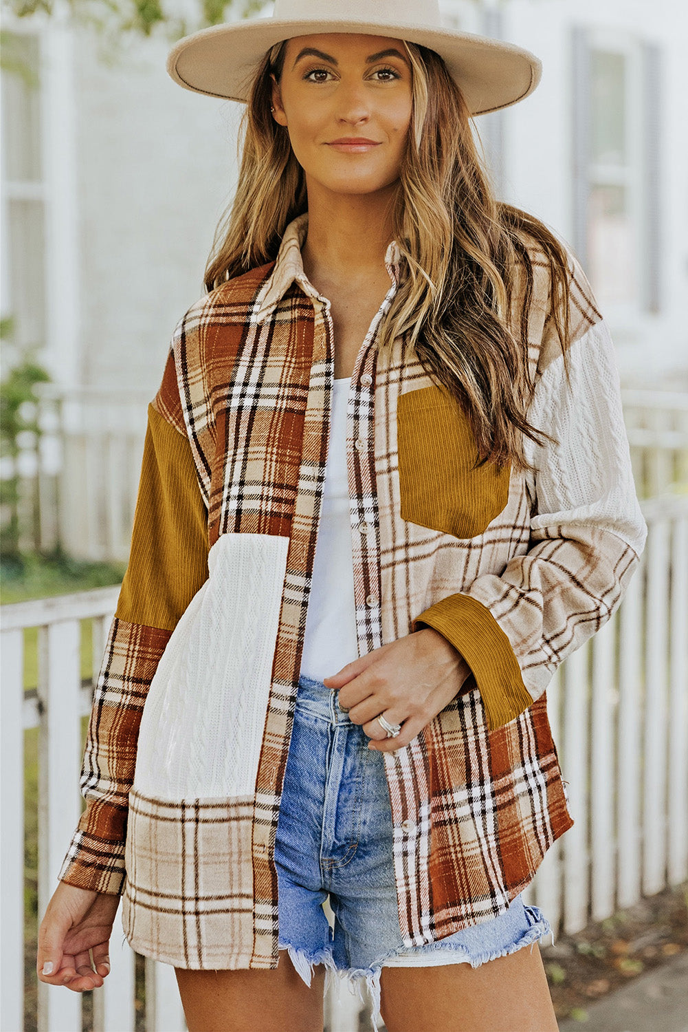 Cali Chic Orange Plaid Color Block Patchwork Shirt Jacket with Pocket