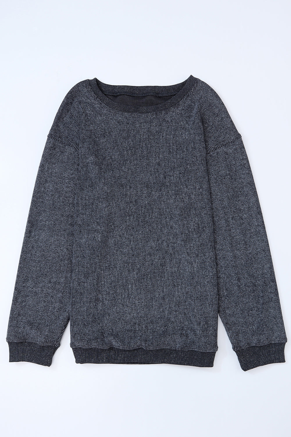 Gray Solid Ribbed Knit Round Neck Pullover Sweatshirt