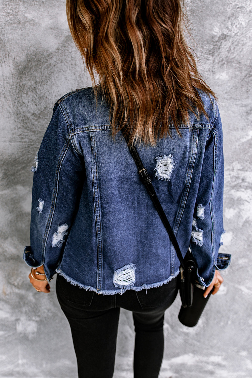 Cali Chic Blue Lapel Distressed Raw Hem Buttons Denim Jacket