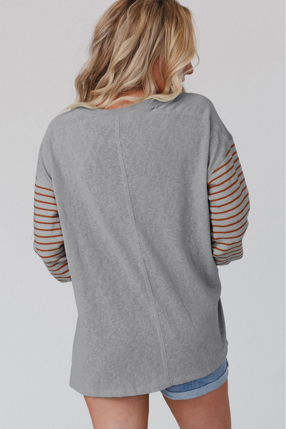 Cali Chic Women's Tops Celebrity Grey Color Block Striped Bishop Sleeve