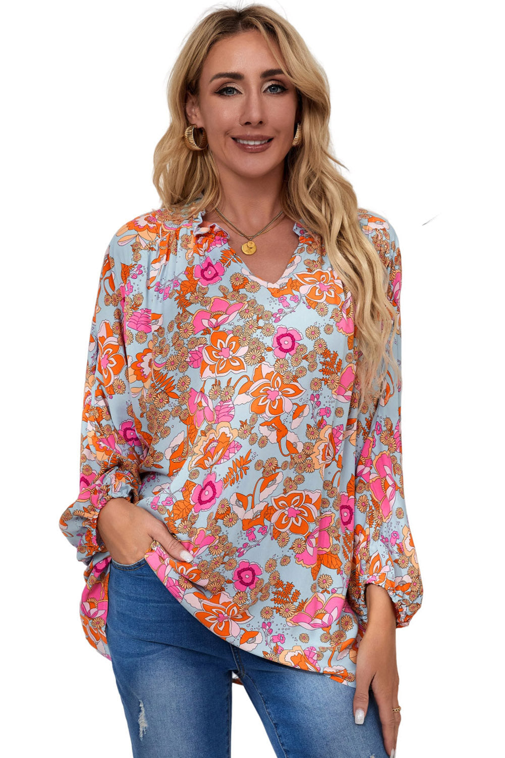 Cali Chic Sky Blue Floral Print Loose Fit Ruched V Neck Blouse