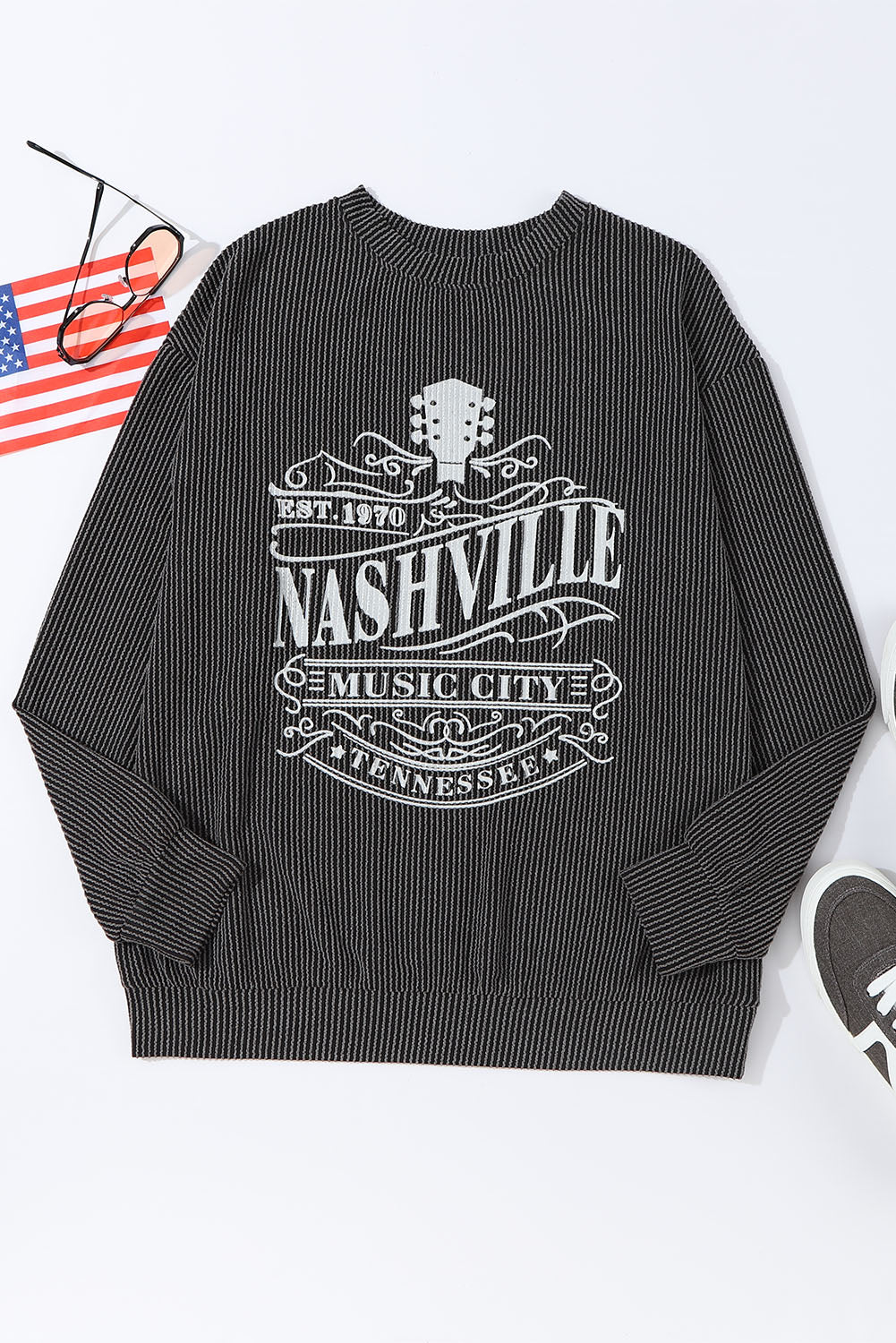 Cali Chic Black NASHVILLE MUSIC CITY Corded Graphic Sweatshirt