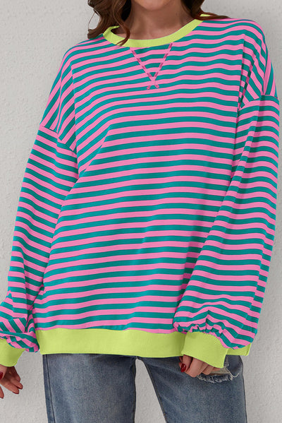 Cali Chic Women Sweatshirt Green Stripe Oversized Contrast Trim Knit Round Neck Pullover