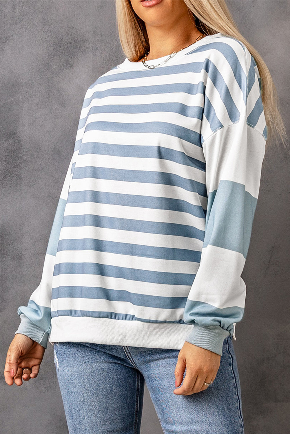 Cali Chic Stripe Drop Shoulder Striped Pullover Sweatshirt