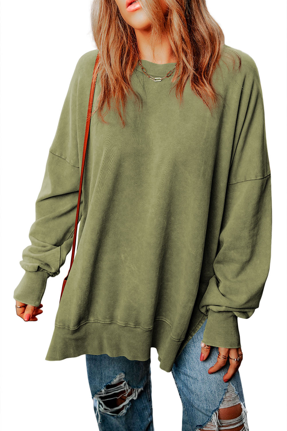 Cali Chic Women Green Drop Shoulder Ribbed Trim Oversized Sweatshirt