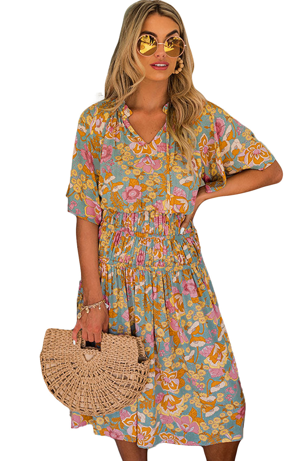 Cali Chic Boho Wide Sleeve Smocked Waist Floral Dress