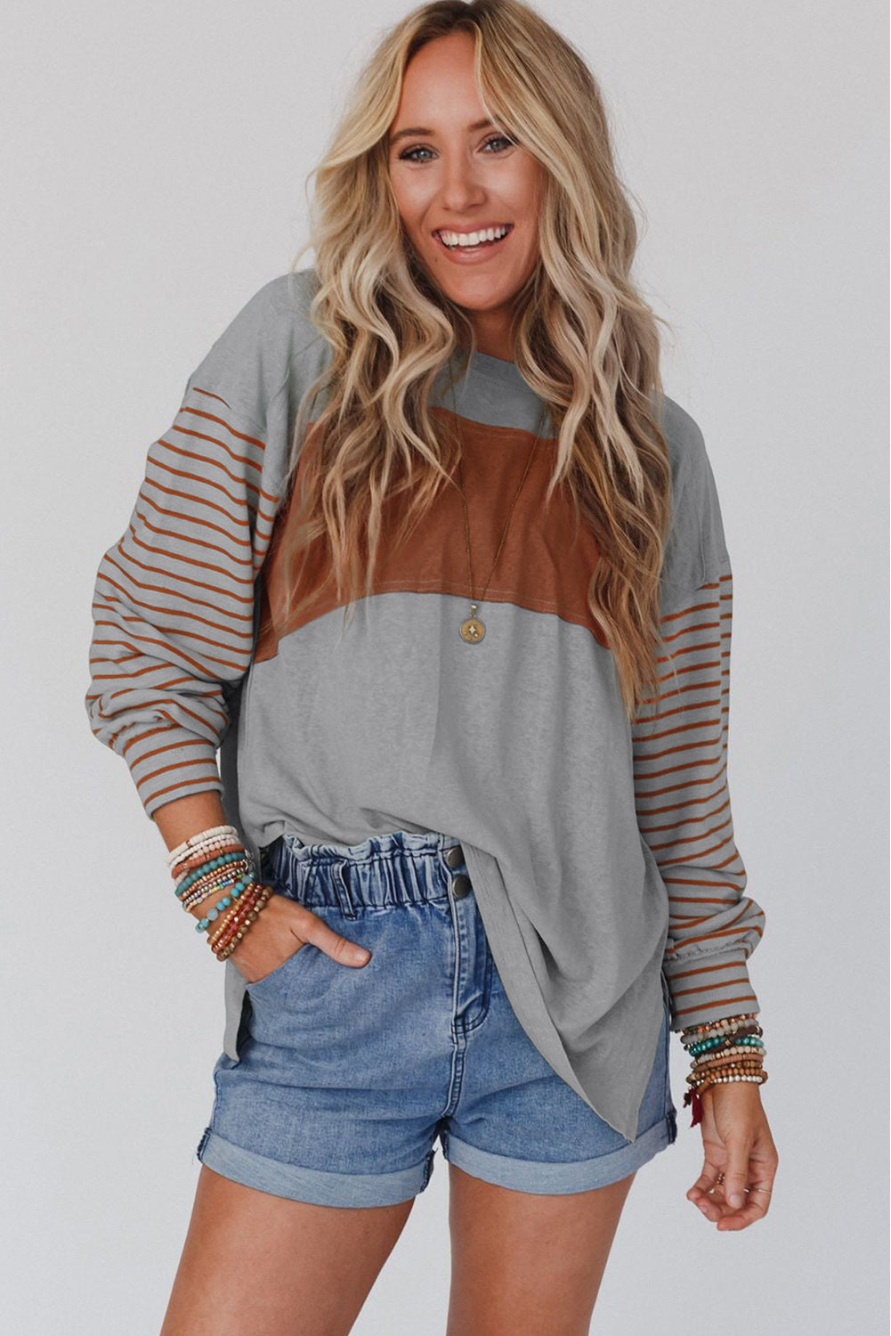 Cali Chic Women's Tops Celebrity Grey Color Block Striped Bishop Sleeve