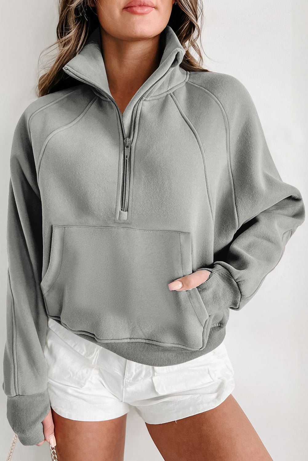 Cali Chic Gray Zip Up Stand Collar Ribbed Thumbhole Sleeve Sweatshirt