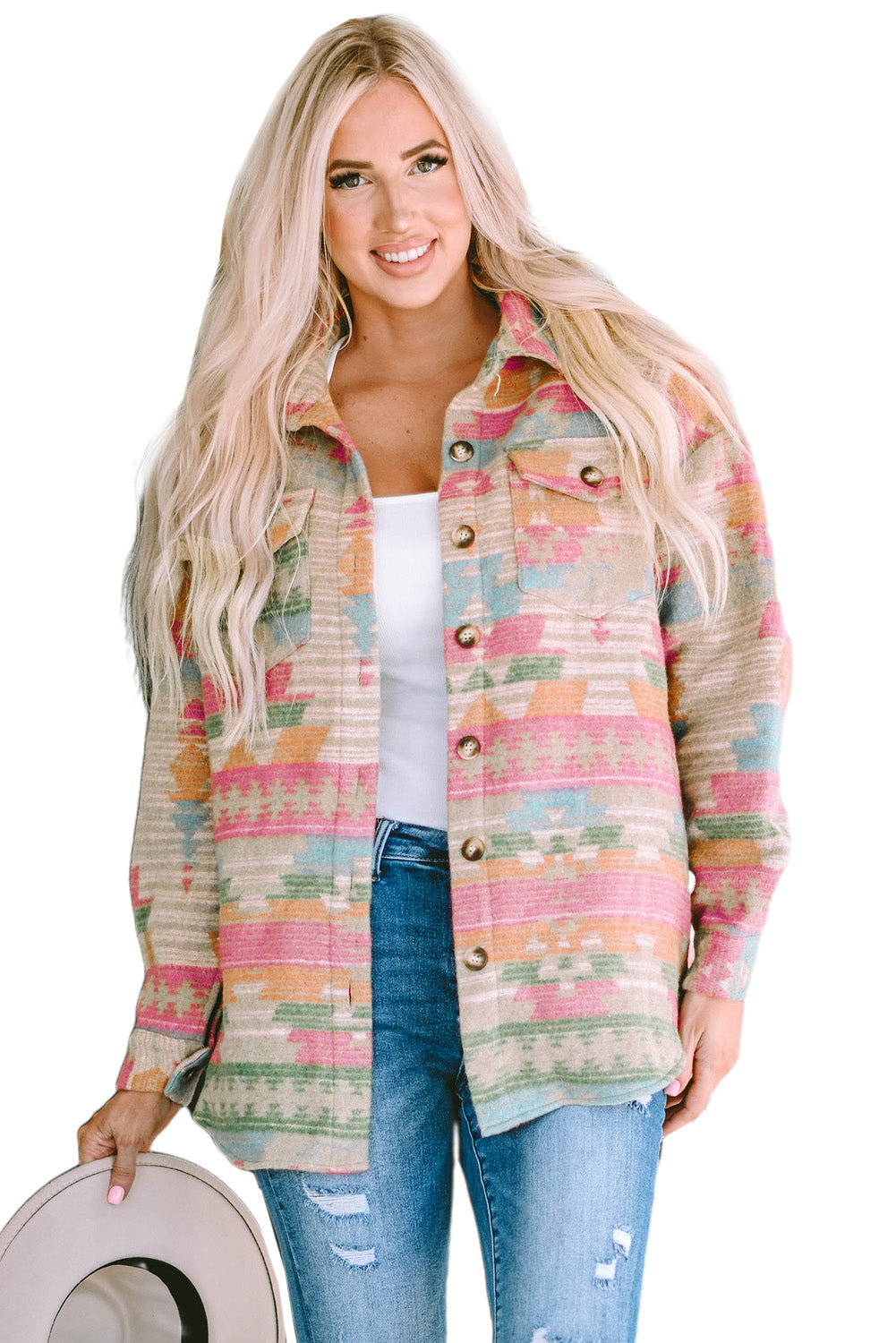 Cali Chic Multicolor Western Aztec Print Button Flap Pocket Shacket