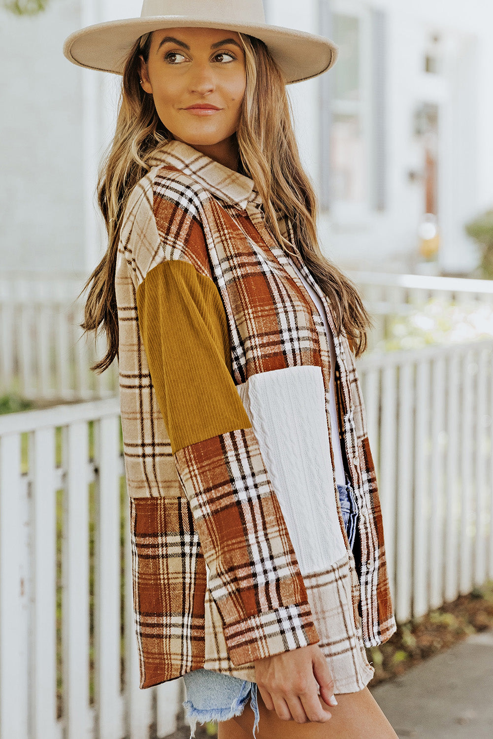 Cali Chic Orange Plaid Color Block Patchwork Shirt Jacket with Pocket