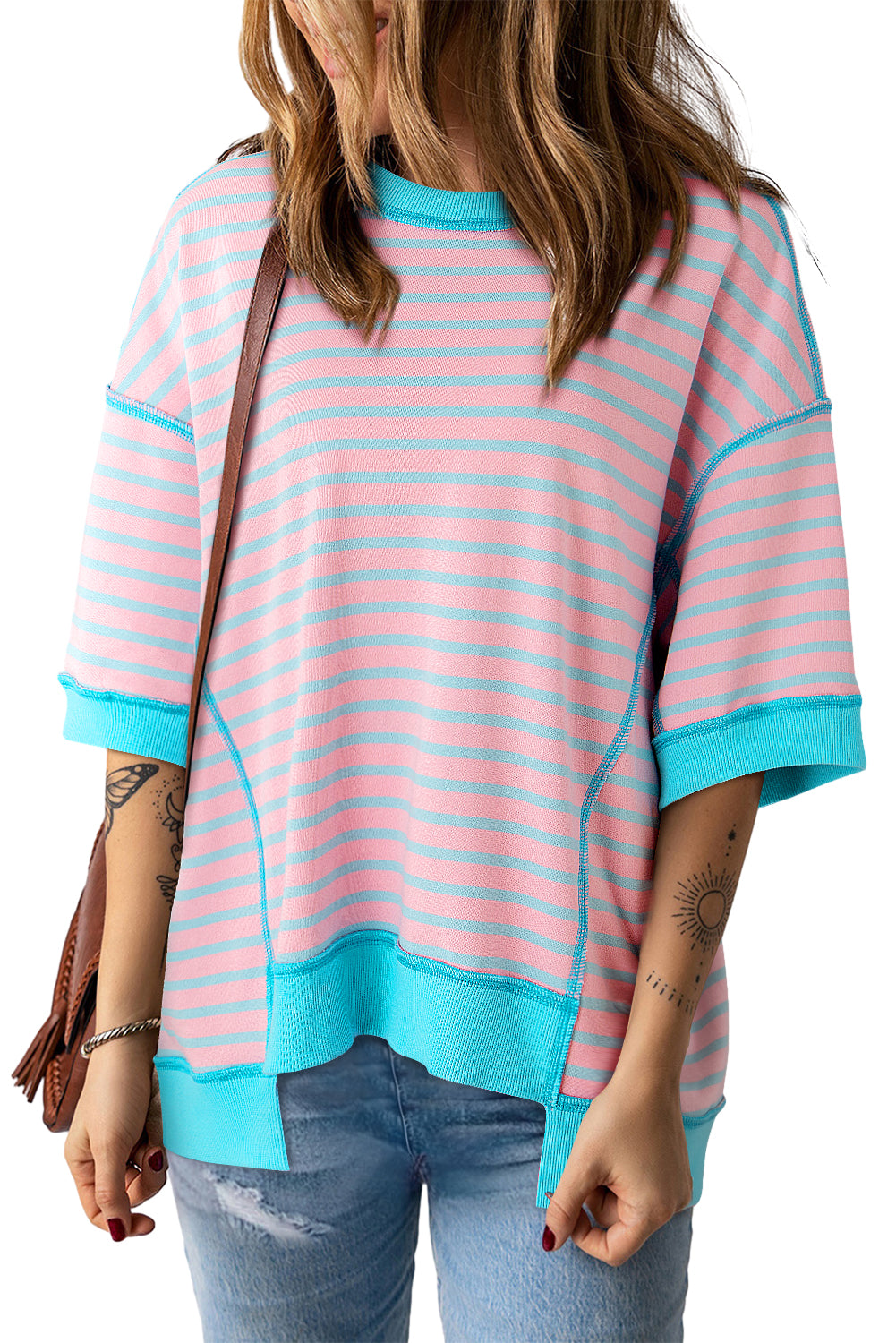 Cali Chic Women Top Pink Stripe Oversized Contrast Trim Exposed Seam High Low T Shirt