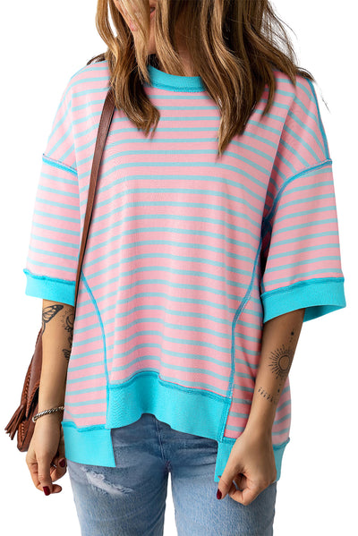 Cali Chic Women Top Pink Stripe Oversized Contrast Trim Exposed Seam High Low T Shirt