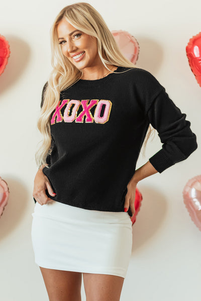 Black XOXO Glitter Print Round Neck Casual Sweater