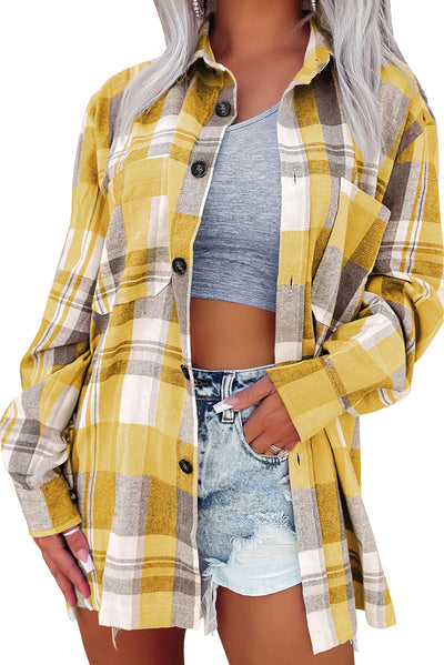 Cali Chic Women Yellow Plaid Button Up Patch Pocket Shirt