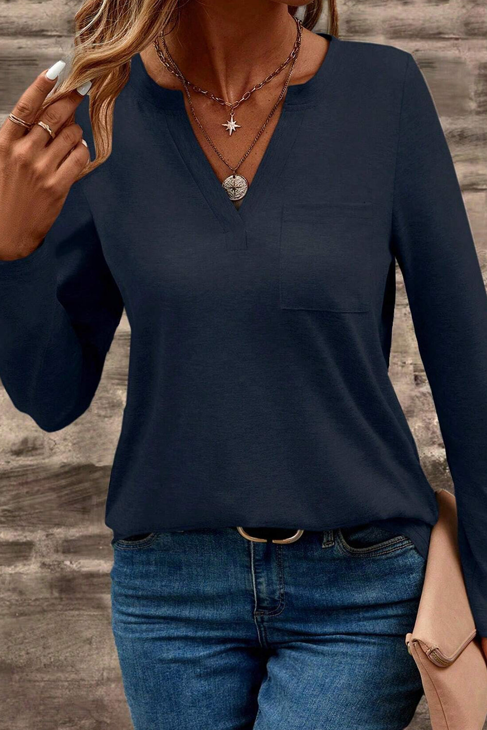 Cali Chic Dirty blue Notch V Neck Pocket Patched Long Sleeve T Shirt