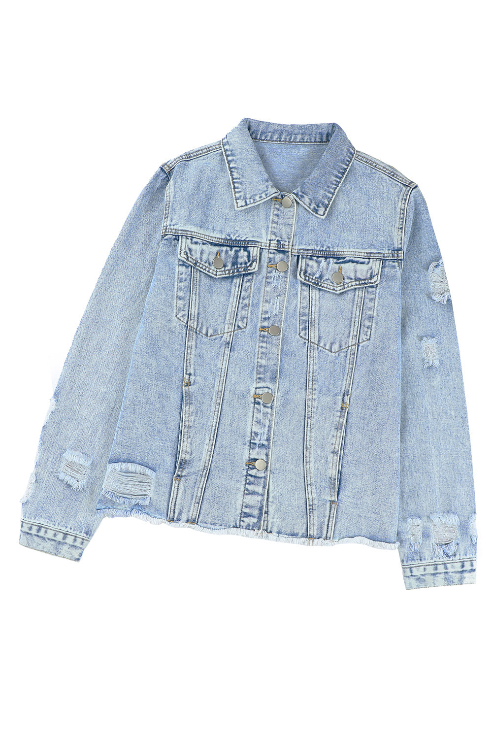 Cali Chic Sky Blue Lapel Distressed Raw Hem Buttons Denim Jacket