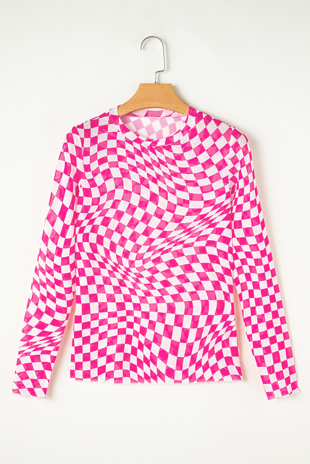 Cali Chic Rose Checkered Pattern Mesh Mock Neck Long Sleeve Top