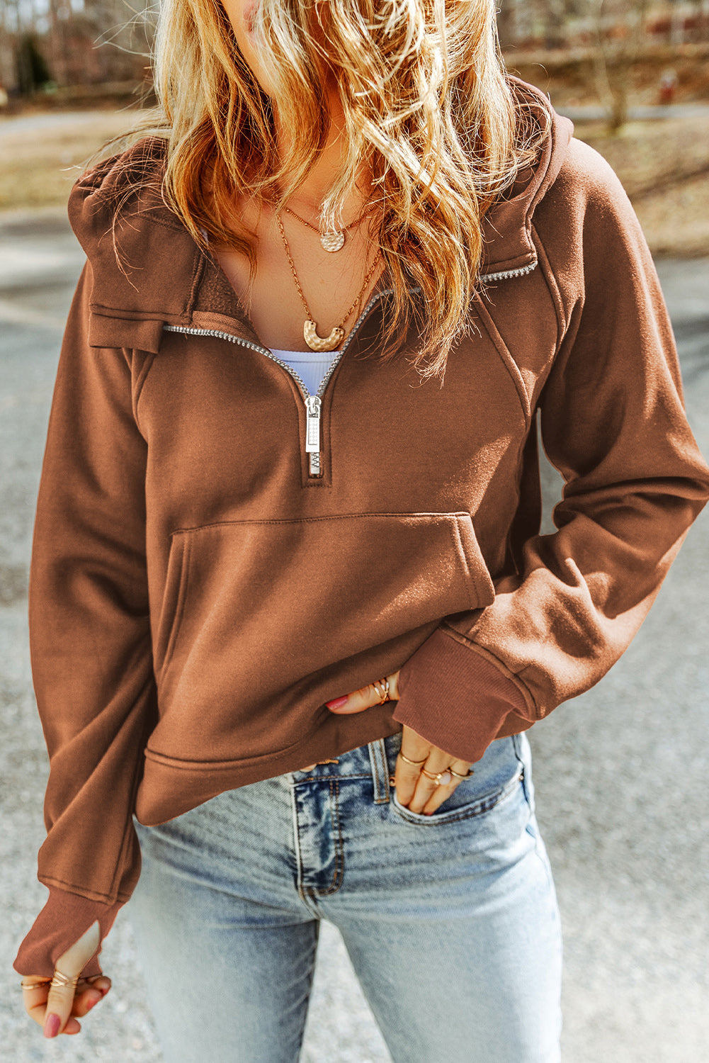 Cali Chic Brown Quarter Zip Kangaroo Pocket Hoodie