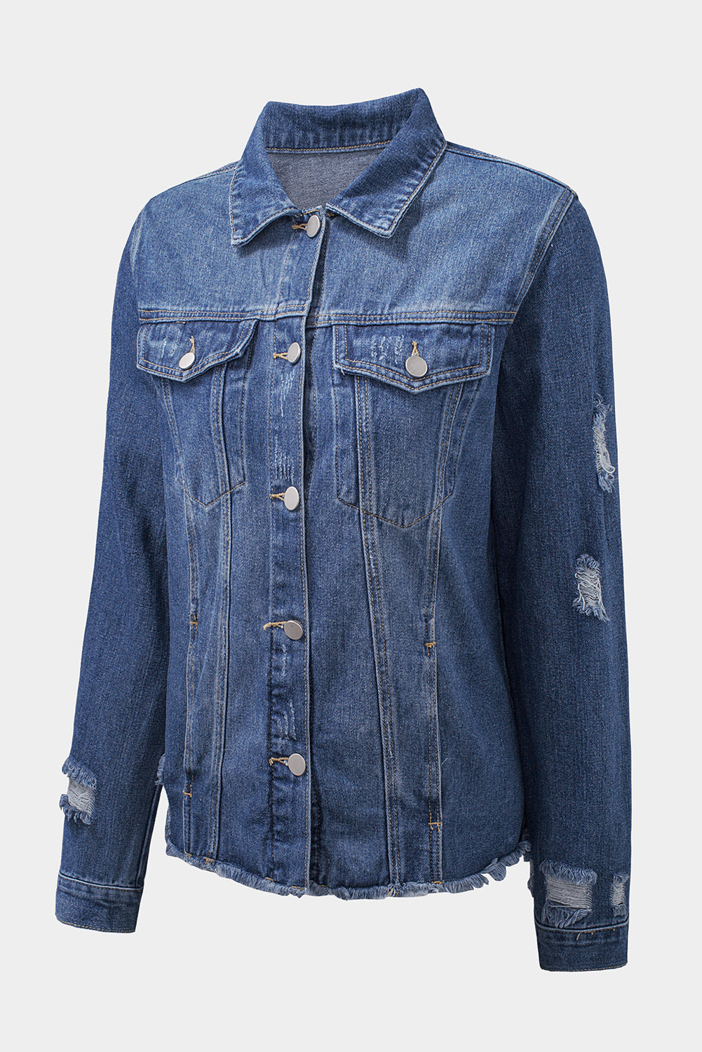 Cali Chic Blue Lapel Distressed Raw Hem Buttons Denim Jacket