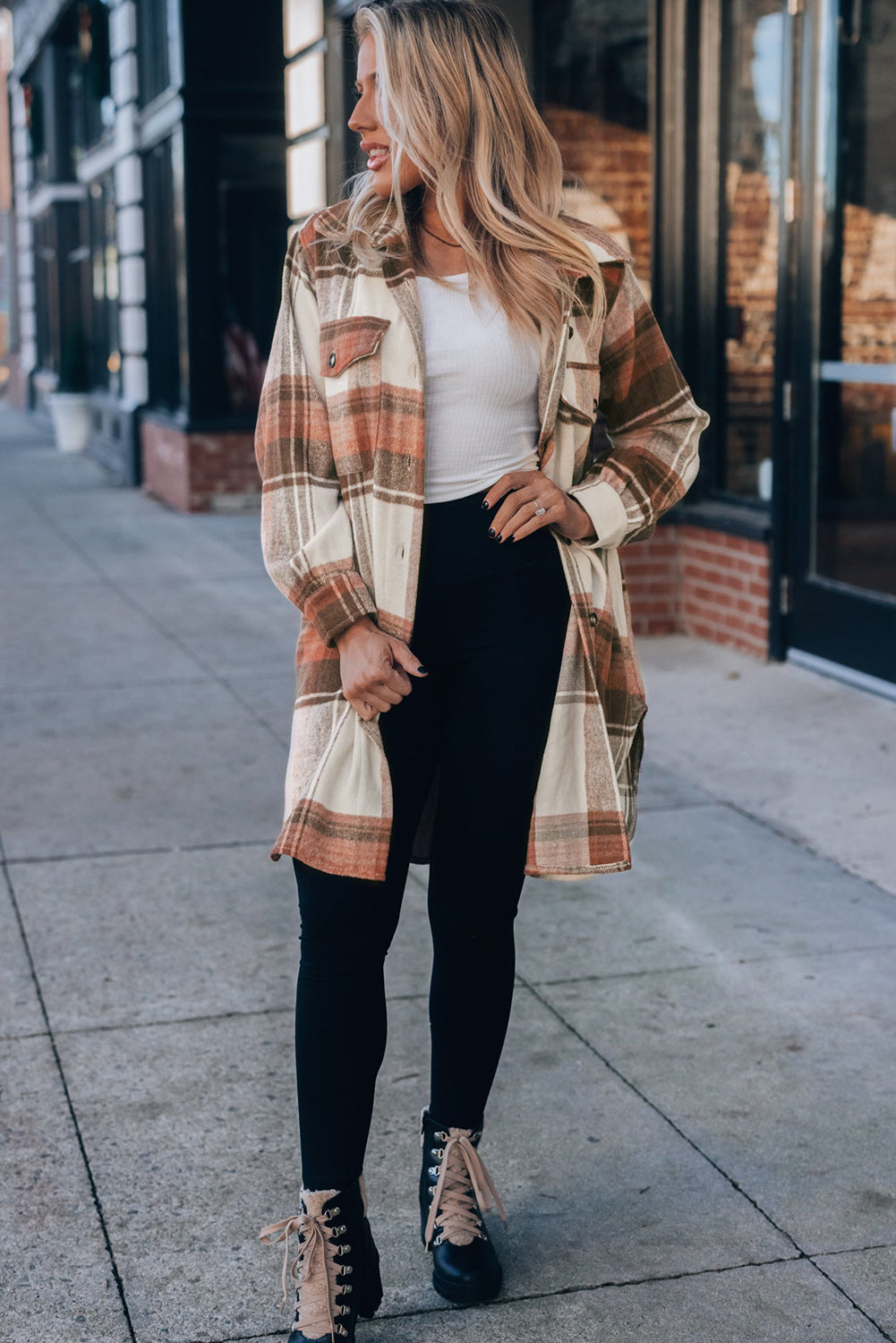 Cali Chic Brown Plaid Print Flap Pockets Long Shacket