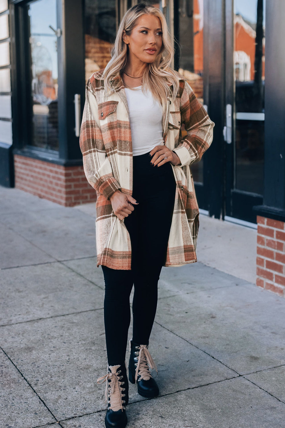 Cali Chic Brown Plaid Print Flap Pockets Long Shacket