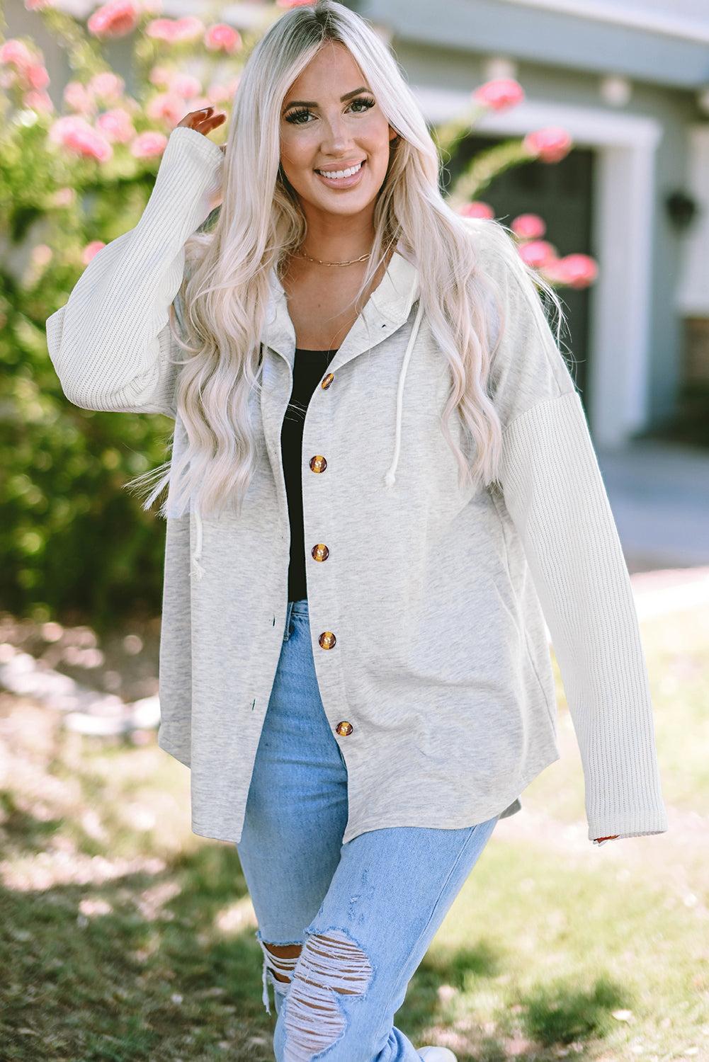 Cali Chic Gray Button Up Contrast Knitted Sleeves Hooded Jacket