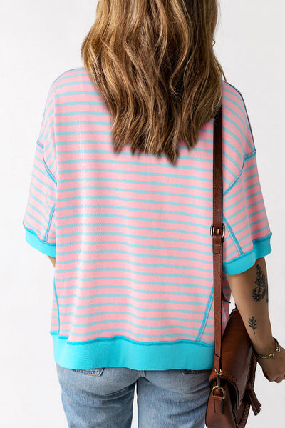 Cali Chic Women Top Pink Stripe Oversized Contrast Trim Exposed Seam High Low T Shirt