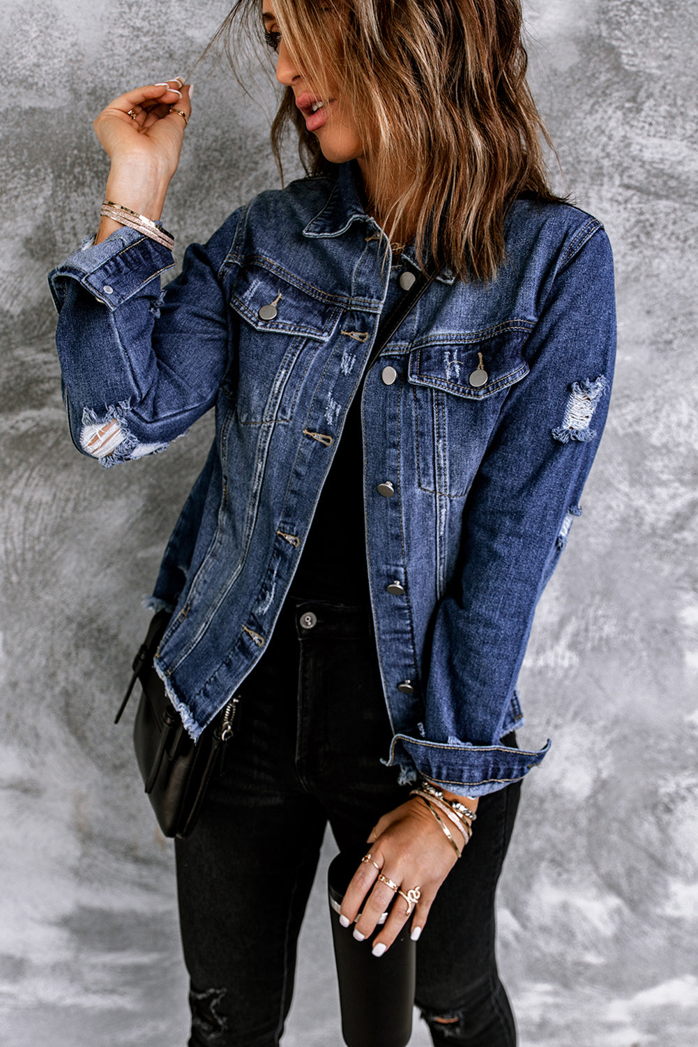 Cali Chic Blue Lapel Distressed Raw Hem Buttons Denim Jacket