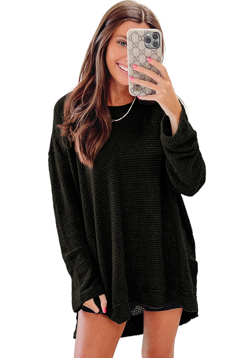 Cali Chic Women Black Waffle Knit High Slits Oversized Tops