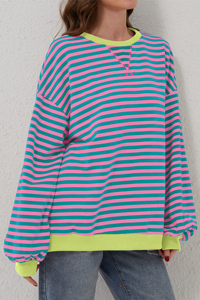 Cali Chic Women Sweatshirt Green Stripe Oversized Contrast Trim Knit Round Neck Pullover