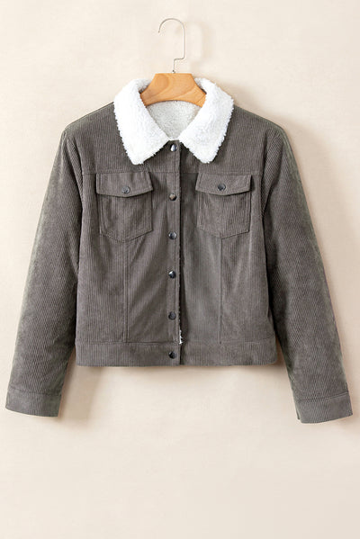 Cali Chic Gray Corduroy Sherpa Snap Button Flap Jacket