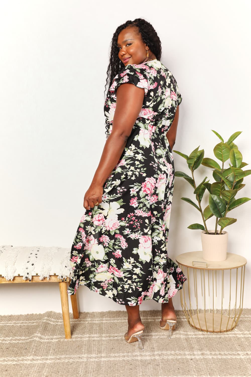 Perfee Floral Flutter Sleeve Tie-Waist Split Dress