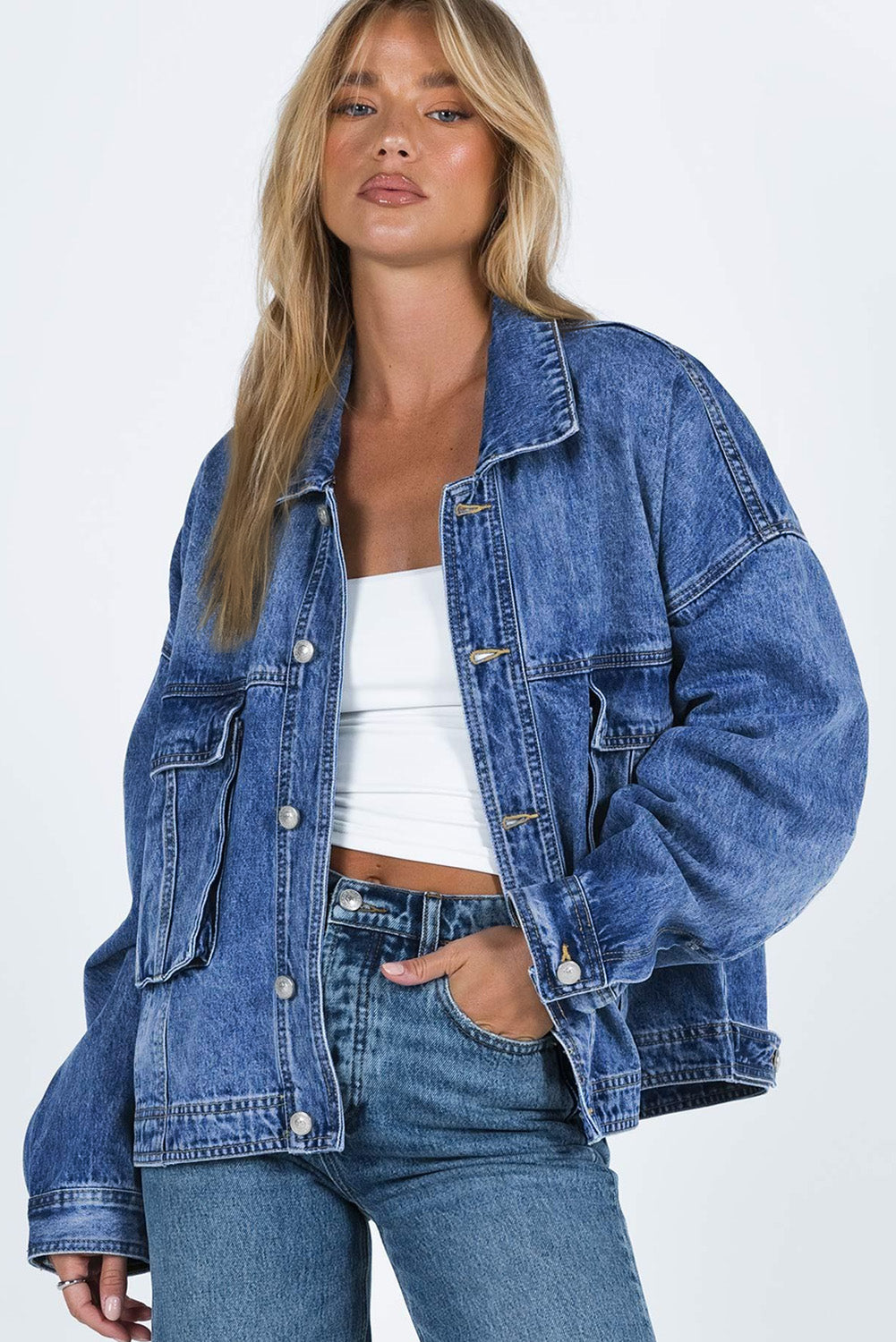 Cali Chic Blue Chest Pockets Drop Shoulder Loose Denim Jacket