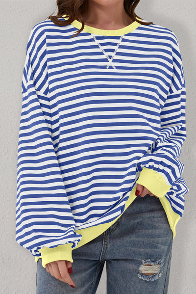 Cali Chic Women Sweatshirt Blue Stripe Oversized Contrast Trim Knit Round Neck Pullover