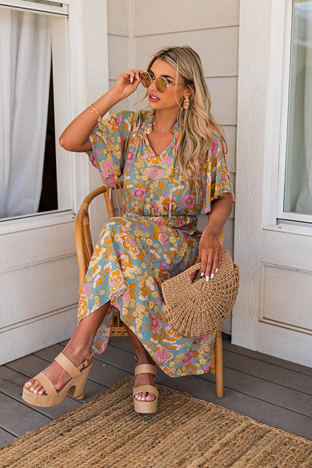 Cali Chic Boho Wide Sleeve Smocked Waist Floral Dress