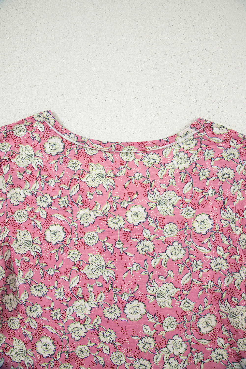 Pink Floral Short Puff Sleeve V Neck Ruched Blouse