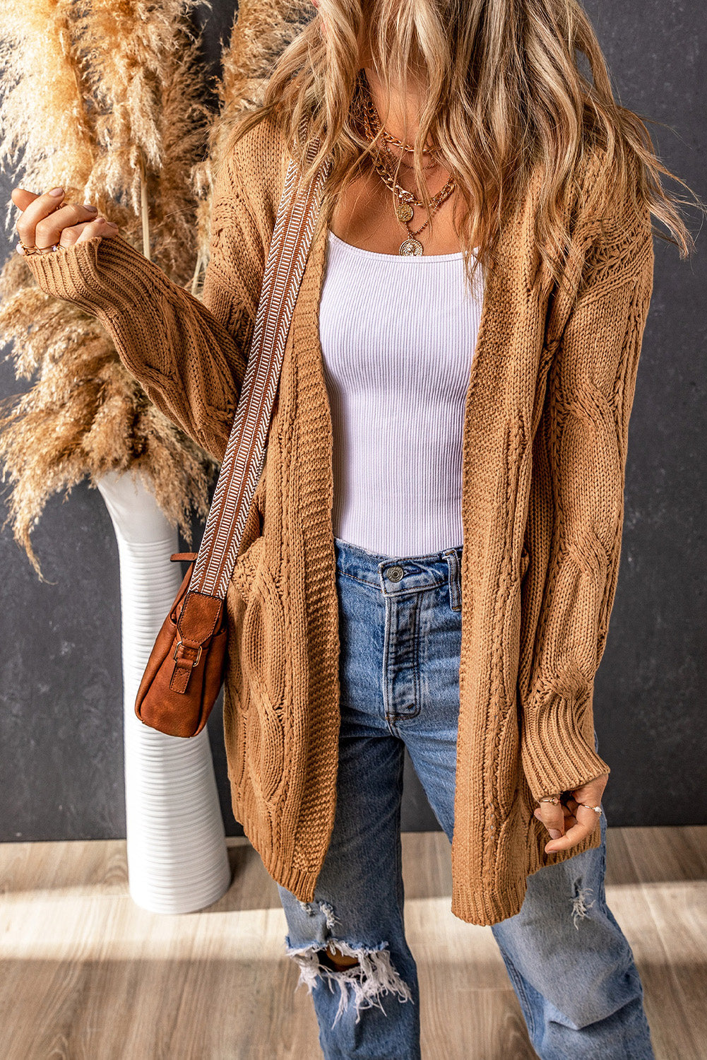 Cali Chic Women Khaki Ribbed Trim Eyelet Cable Knit Cardigan