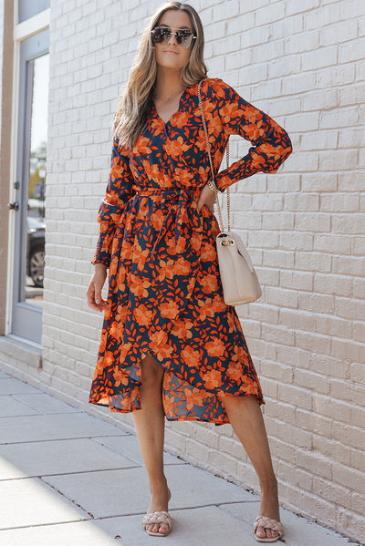 Orange Floral Print Faux Wrap Belted Dress