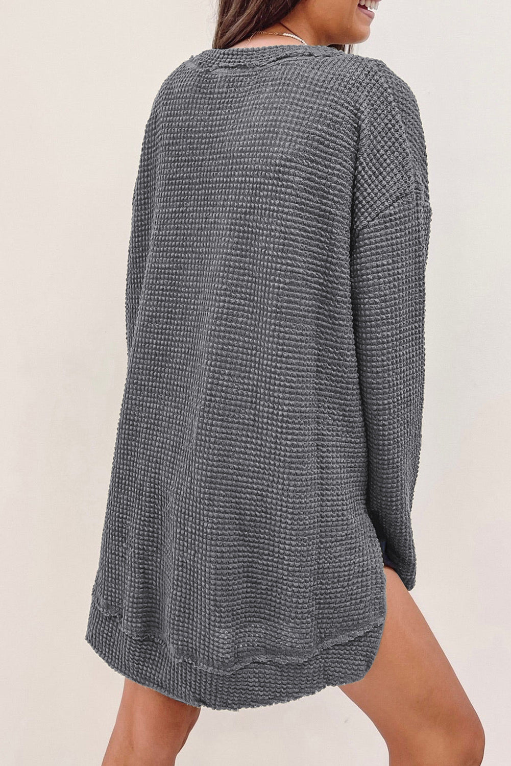 Cali Chic Women Grey Waffle Knit High Slits Oversized Tops