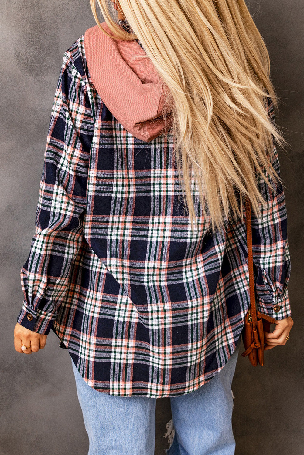 Cali Chic Women Pink Contrast Hooded Drawstring Plaid Shacket Jacket